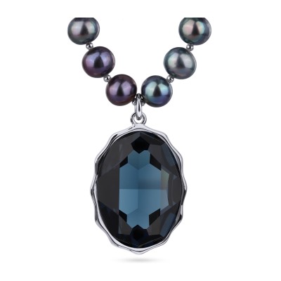 Колье Сияние (кристаллы SW темно-синие, жемчуг бензиновый; родий) 43-48см, Есть комплект
