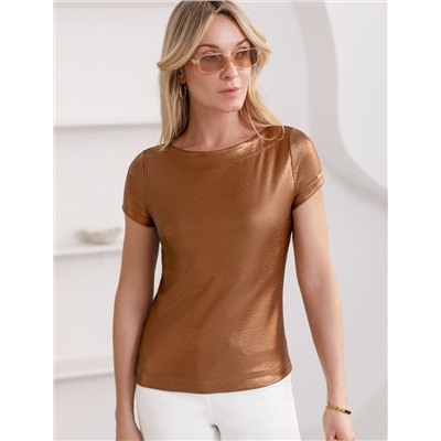 Футболка облегающая из хлопка в рубчик с вырезом лодочка с матовым покрытием металлик