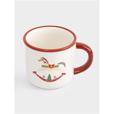 Кружка, 470 мл, с ложкой, керамика D/сталь, красная, Елка/Лошадка-качалка, Bright horse