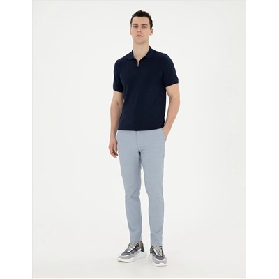 Açık Mavi Slim Fit Gofre Bağcıklı Kanvas Pantolon