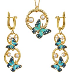 Комплект: кулон, серьги (жемчуг белый, эмаль синяя; покрытие: золото)