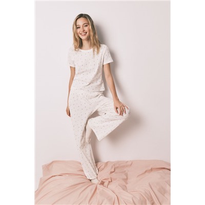 Pijama largo algodón blanco estampado miniflores