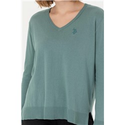 Kadın Mint V - Yaka Basic Kazak