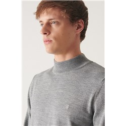 Gri Yarım Balıkçı Yaka Yün Karışımlı Basic Triko Kazak