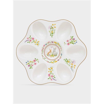 Блюдо для яиц, 21 см, 6 отд, фарфор P, белое, Кролики и цветы, Happy Easter