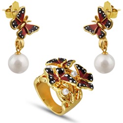 Комплект (жемчуг белый, эмаль красная; покрытие золото)