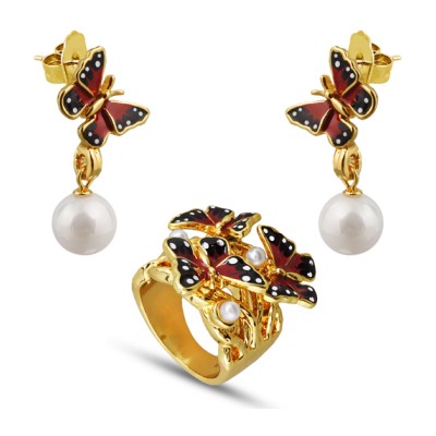 Комплект (жемчуг белый, эмаль красная; покрытие золото)