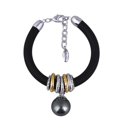 Браслет Гевея (Майорка 16мм темно-серая, каучук черный; покрытие родий) 19-22см, Есть комплект