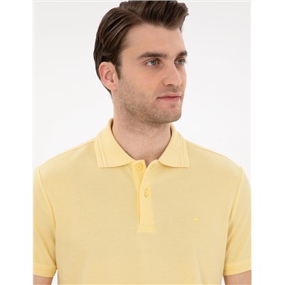 Açık Sarı Slim Fit %100 Pamuk Polo Yaka Basic Tişört