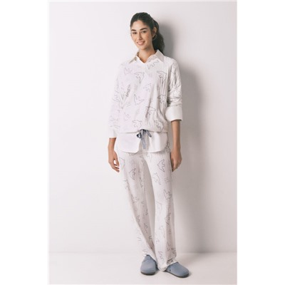Pijama largo canalé blanco estampado pájaros
