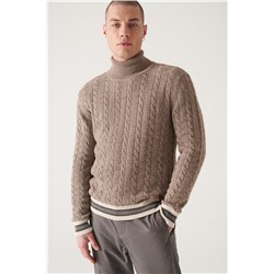 Vizon Tam Balıkçı Yaka Saç Örgülü Unisex Triko Kazak