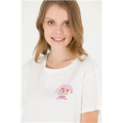 Kadın Ekru Bisiklet Yaka Tişört