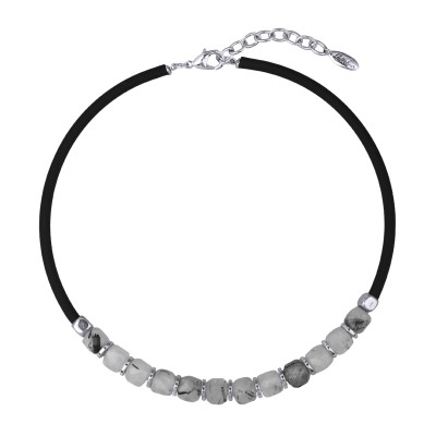 Колье Терра (кварц серый 8мм, каучук черный; покрытие родий) 40-45см, Есть комплект