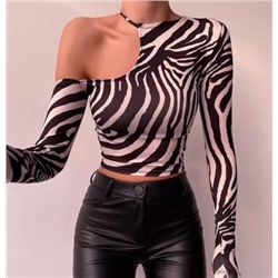 Сексуальный топ с открытыми плечами и косым воротником с зебровым принтом