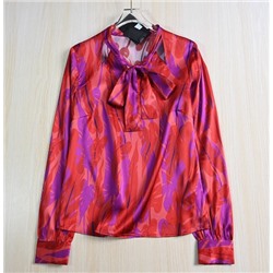 Шелковая шелковая набивная повседневная рубашка с длинным рукавом и струящимся воротником