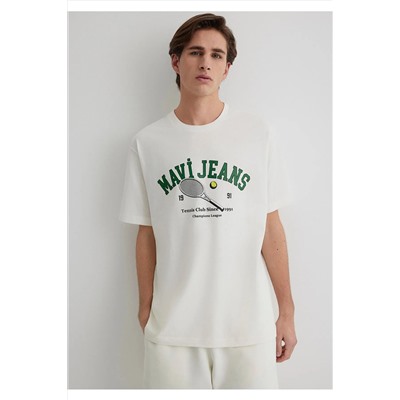 Mavi Tenis Logo Baskılı Ekru Tişört Loose Fit / Bol Rahat Kesim 0612708-70057