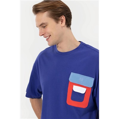 Erkek Mavi Oversize Bisiklet Yaka Tişört