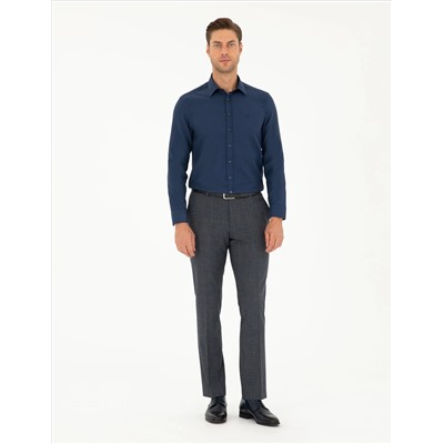 Lacivert Slim Fit Armürlü Uzun Kollu Gömlek