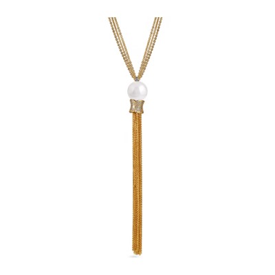 Кулон (Майорка белая 16мм, белый фианит; покрытие золото) 85-90см, Есть комплект