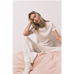 Pijama largo algodón blanco estampado miniflores