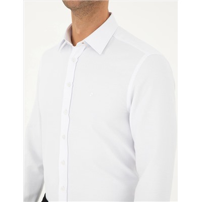 Beyaz Slim Fit Armürlü Uzun Kollu Gömlek