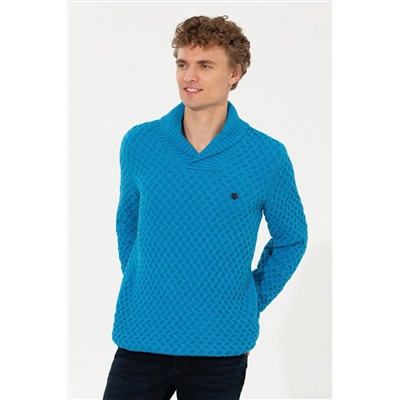 Erkek Kobalt Melanj Şal Yaka Triko Kazak