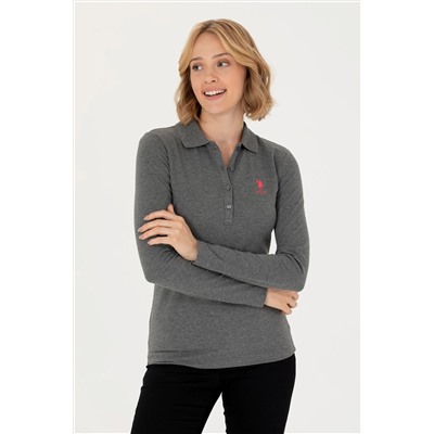 Kadın Antrasit Melanj Basic Polo Yaka Sweatshirt