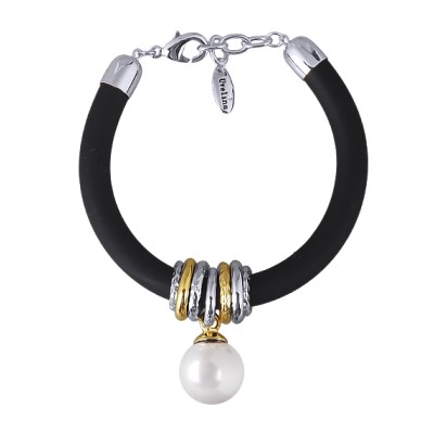 Браслет Гевея (Майорка 16мм белая, каучук черный; покрытие родий) 19-22см, Есть комплект