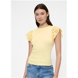 Ribbed Eyelet Flutter Sleeve T-Shirt