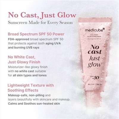 medicube No Cast Just Glow Collagen Sunscreen | SPF 50 Broad Spectrum Face Sunscreen | Lightweight, Non-Sticky, Hydrating Formula | Peptide, Cica for Soothing & Glow | Korean Skincare