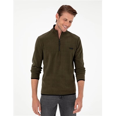 Haki Regular Fit Yarım Fermuarlı Polar Sweatshirt