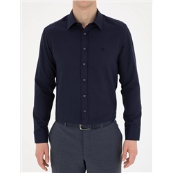 Lacivert Slim Fit Armürlü Uzun Kollu Gömlek