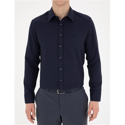 Lacivert Slim Fit Armürlü Uzun Kollu Gömlek