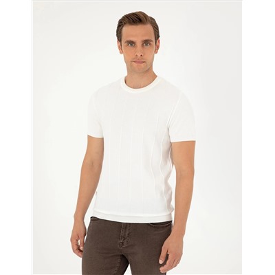 Ekru Slim Fit Bisiklet Yaka Triko Tişört