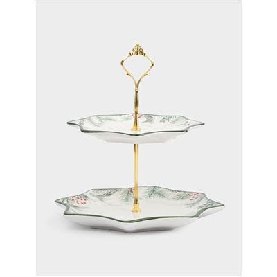 Подставка для пирожных, 25х20/24 см, 2 яруса, керамика D/металл, Еловые ветки, Festival