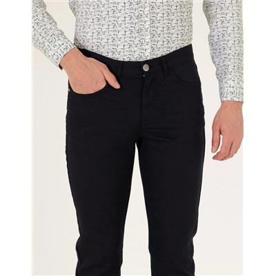 Siyah Slim Fit Keten Karışımlı Kanvas Pantolon