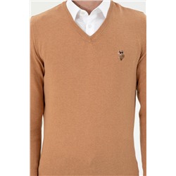 Erkek Slim Fit V Yaka Camel Melanj Basic Kazak