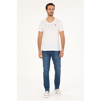 Erkek Slim Fit V Yaka Beyaz Basic Tişört