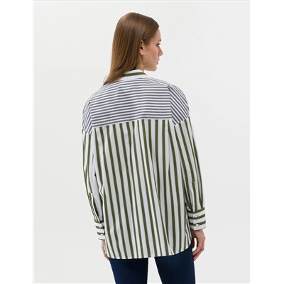 Yeşil Çizgili Oversize Uzun Kollu Gömlek
