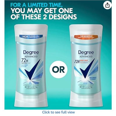 Degree Advanced Protection Antiperspirant Deodorant Shower Clean for 72-Hour Sweat & Odor Control for Women, with Body Heat Activated Technology, 2.6 oz