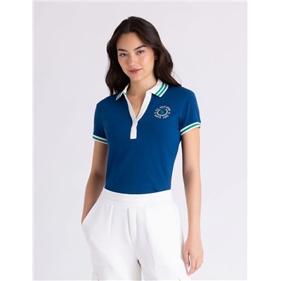 OMBRE TIPPED Y-PLACKET PUFF SLEEVE POLO SHIRT