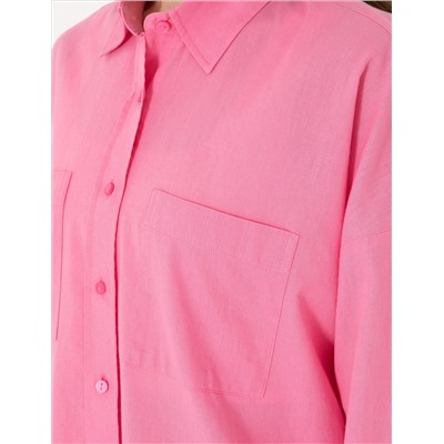 Açık Pembe Oversize Keten Karışımlı Uzun Kollu Gömlek