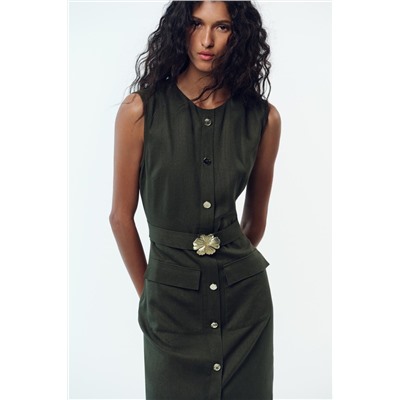 LINEN BLEND MIDI DRESS WITH BELT