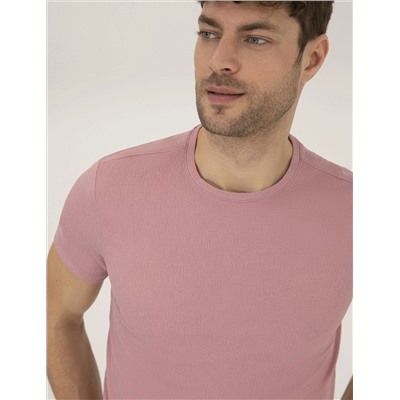 Pembe Slim Fit Dokulu Bisiklet Yaka Tişört