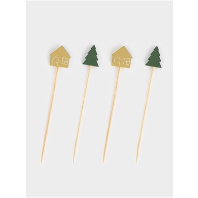 Шпажка для канапе, 9 см, 20 шт, бамбук, зеленая/золотистая, Елка и дом, New year