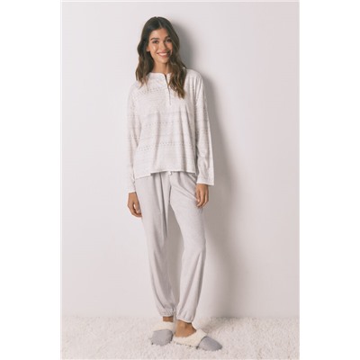 Pijama largo polar suave cenefas gris