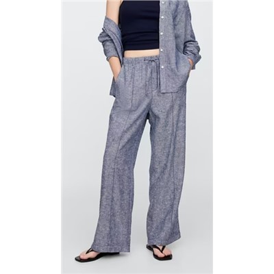 Mid Rise Linen-Blend Pull-On Wide-Leg Pants