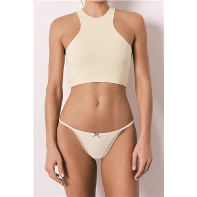 Tanga tira microfibra y encaje amarilla