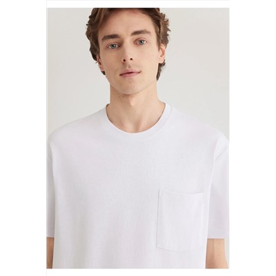 Mavi Cep Detaylı Beyaz Basic Tişört Loose Fit / Bol Rahat Kesim 066248-620