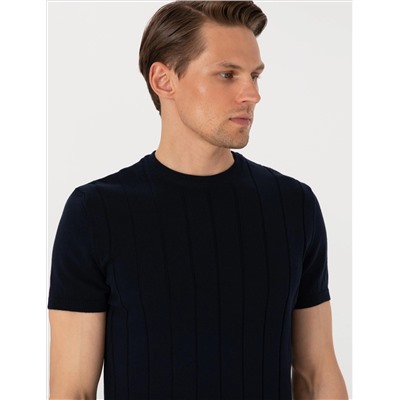 Lacivert Slim Fit %100 Pamuk Bisiklet Yaka Triko Tişört